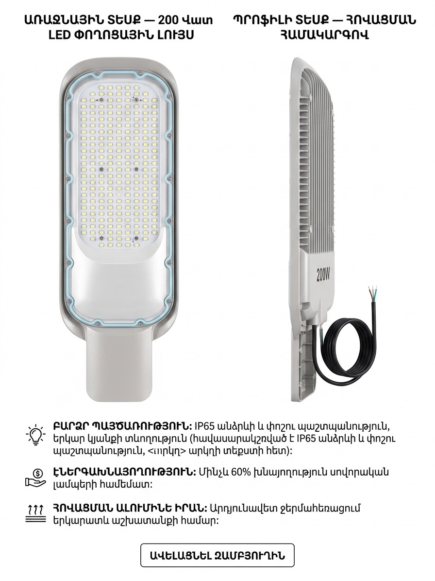 LED Փողոցային Լուսարձակ 200W, 6500K Սառը Սպիտակ (IP65) G-543 (կոդ-0251)